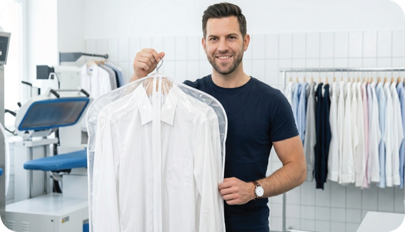 Garments in dry-cleaning covers at the cleaner